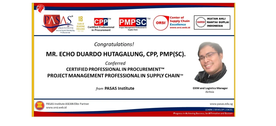 Congratulation to Mr. Eko D. Hutagalung, CPP, PMP(SC), who has succesfully completed and coferred the CPP and PMP(SC) from PASAS Institute (Singapore). Well done!