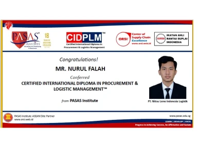 Congratulation to Mr Nurul Falah who has succesfully completed and conferred the CIDPLM from PASAS Institute Singapore Well done