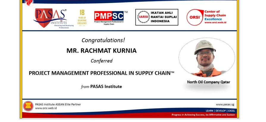 Congratulation to Mr. Rachmat Kurnia, who has succesfully completed and conferred the PMP(SC)™️ from PASAS Institute (Singapore). Well done!