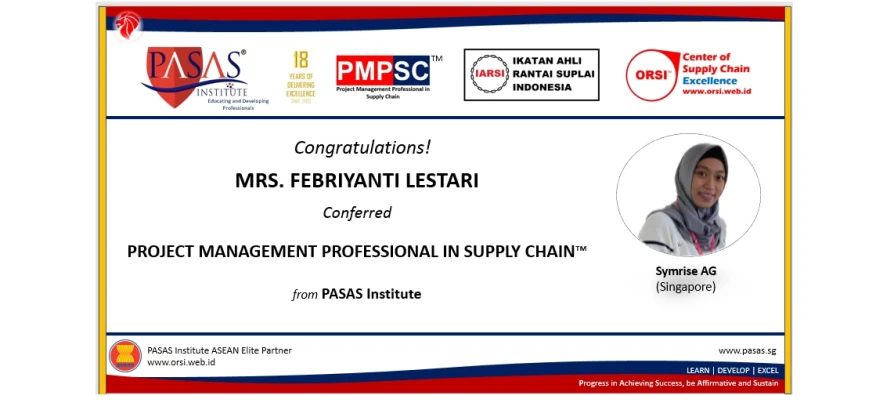 Congratulation to Mrs. Febriyanti Lestari, who has succesfully completed and conferred the PMP(SC)™️ from PASAS Institute (Singapore). Well done!