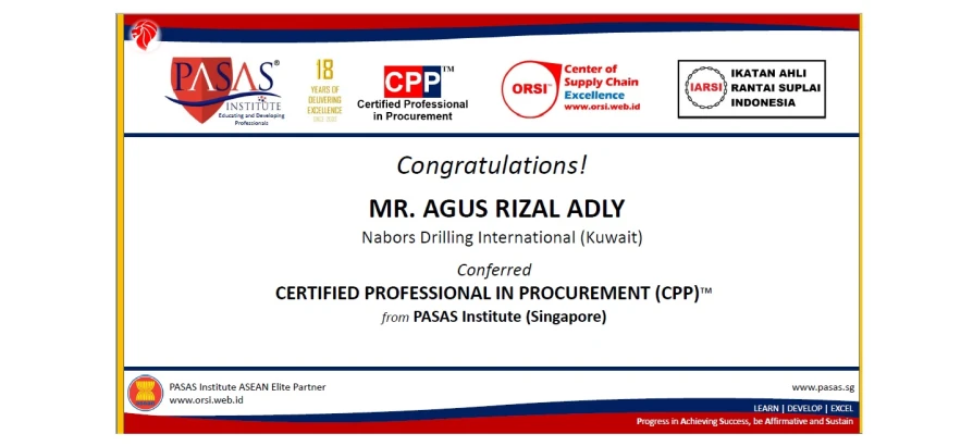 Congratulation to Mr. Agus Rizal Adly, who has succesfully completed and conferred the CPP™️ International Certification Program from PASAS Institute (Singapore). Well done!