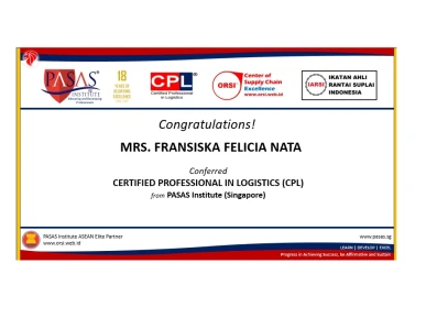 Congratulation to Mrs Fransiska F Nata who has succesfully completed and conferred the CPL International Certification Program from PASAS Institute Singapore Well done